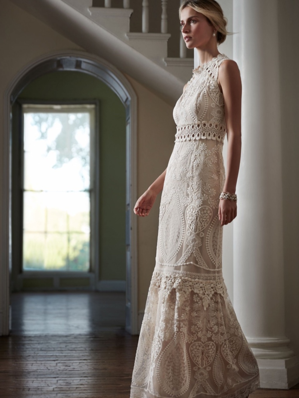 BHLDN Anna Sui Roane Cream Crochet Lace Embroidered Maxi Gown